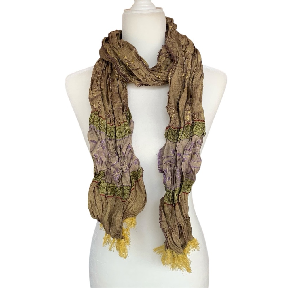 Light Brown Boho Crinkle Scarf with Green & Purple Accents
